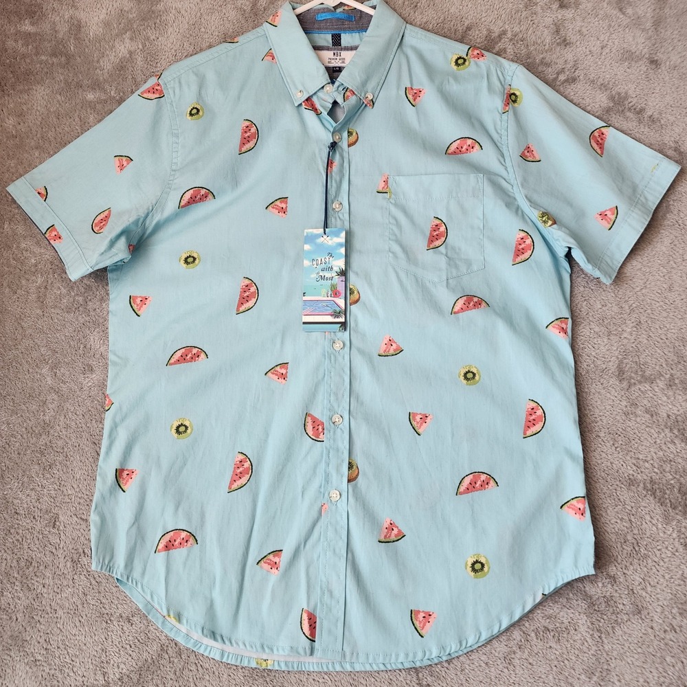 MBX Premium Goods Shirt Mens Large Blue Paradise Watermelon Kiwi Fruit Tropical